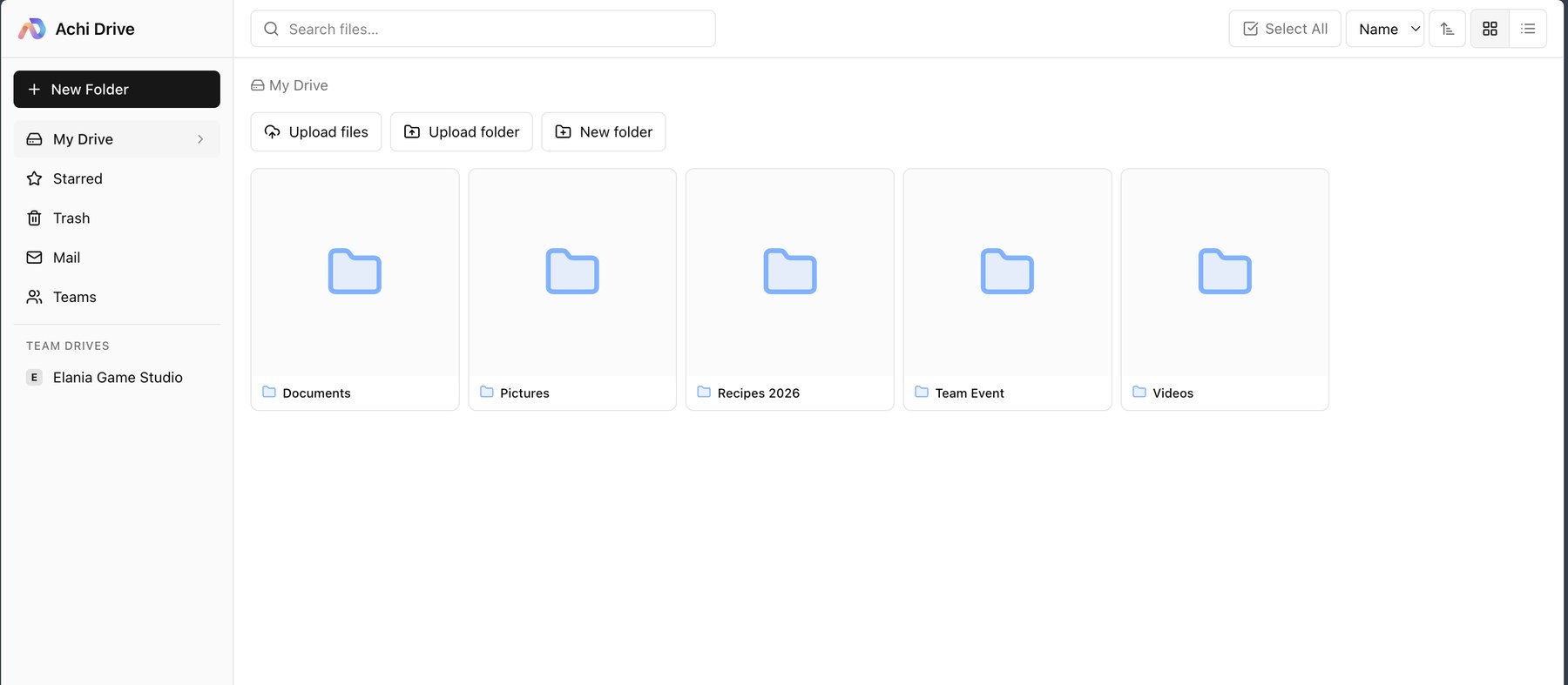 Achi Drive cloud storage interface showing folders, team drives, upload controls, and navigation