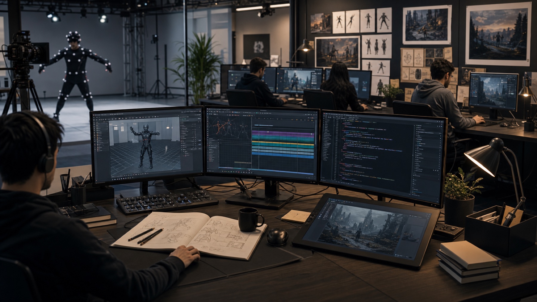 A disciplined game production studio with motion capture, code, animation timelines, and concept art