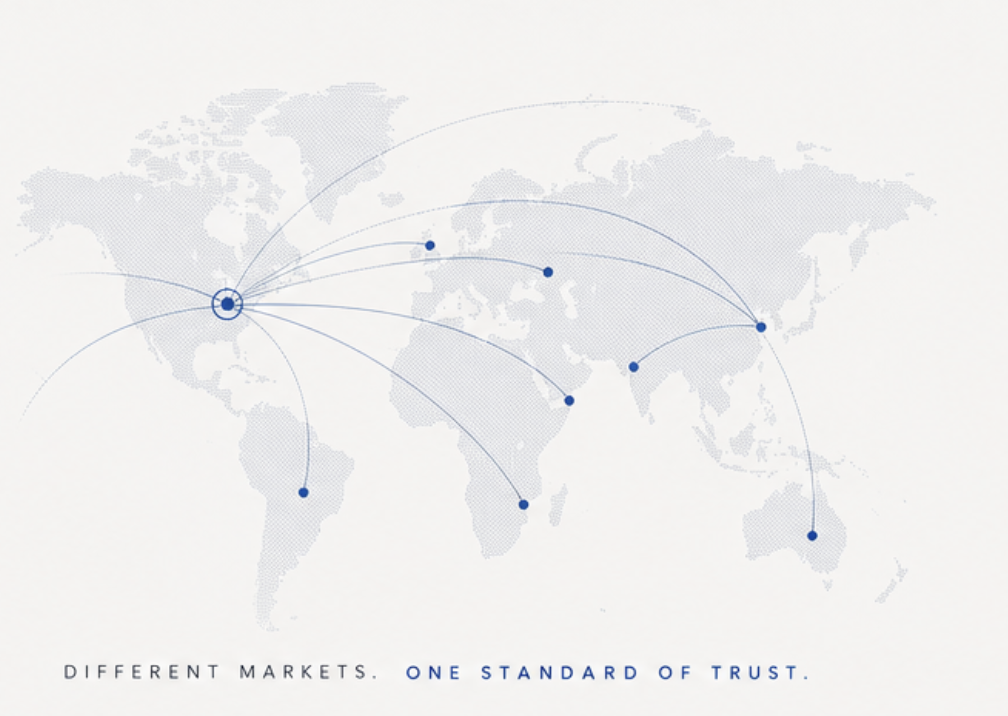 World map showing the United States as a hub connected to global markets under one standard of trust